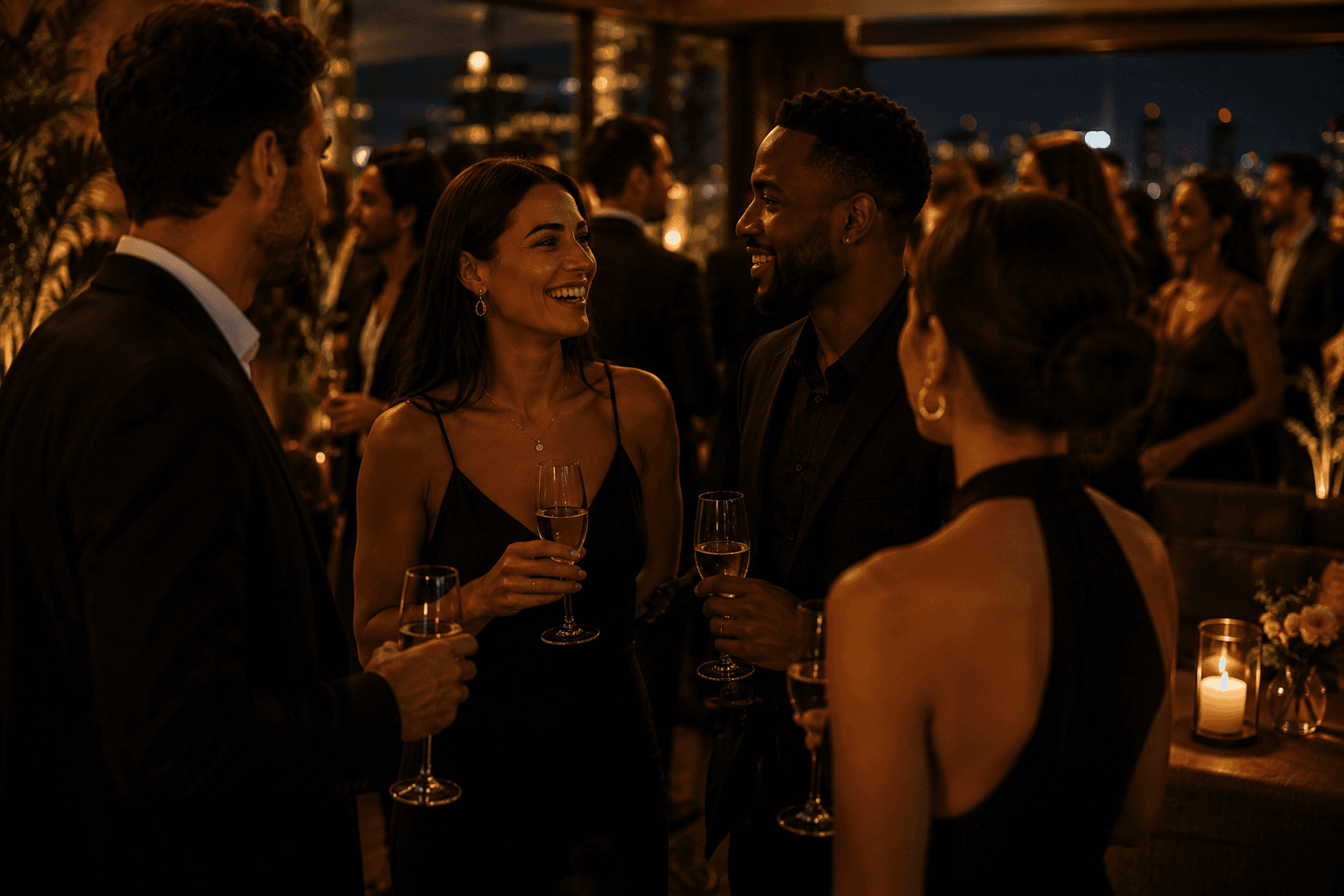 Elegant guests connecting over champagne in a warm evening atmosphere