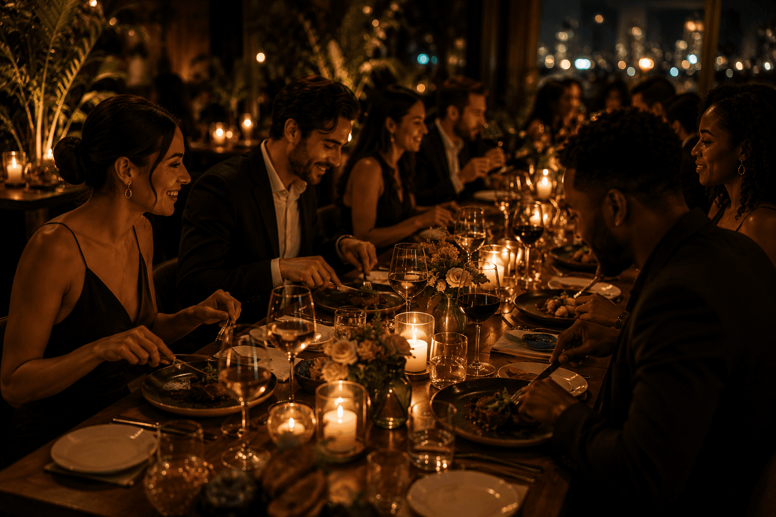 Guests sharing an intimate candlelit dinner around a long table