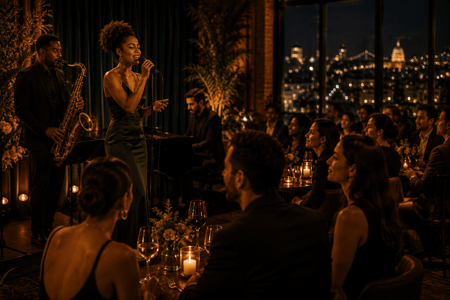 A live singer and saxophonist performing during an intimate dinner show