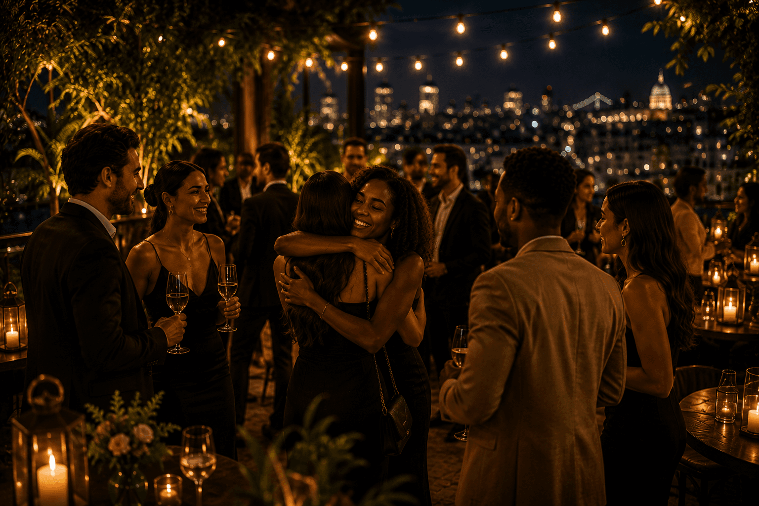 Guests arriving and connecting on a rooftop with city lights behind them