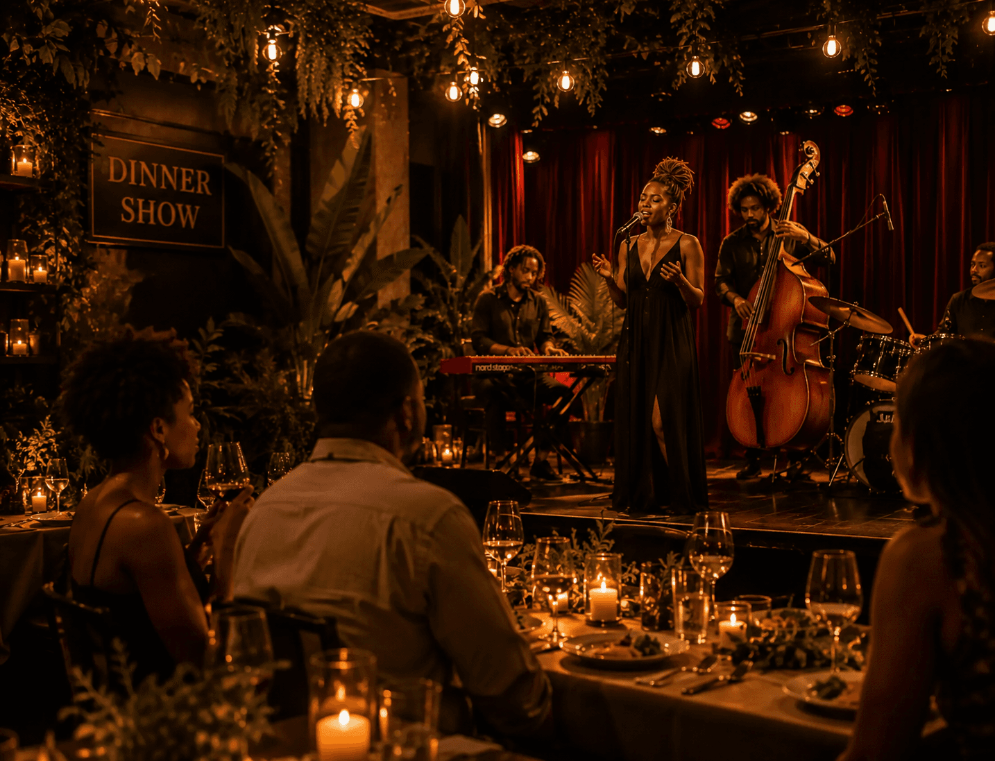 Live band performing on stage while guests enjoy dinner in the candlelit venue