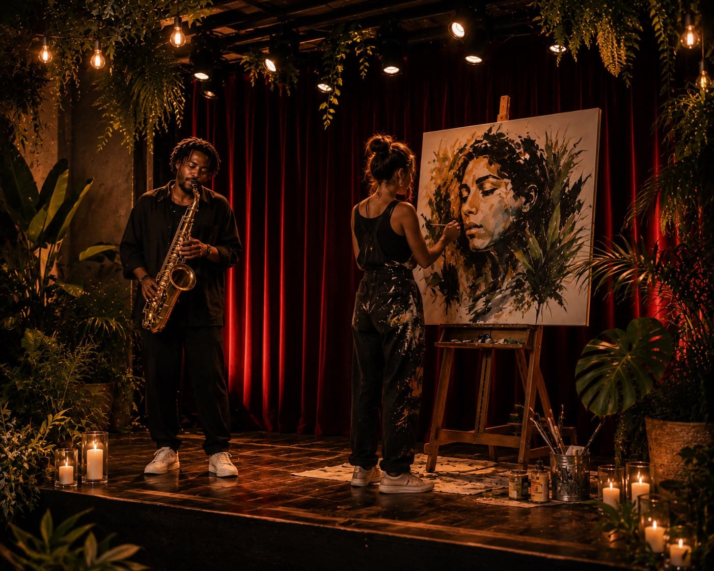 Live saxophonist and painter performing on stage during the Dinner Show