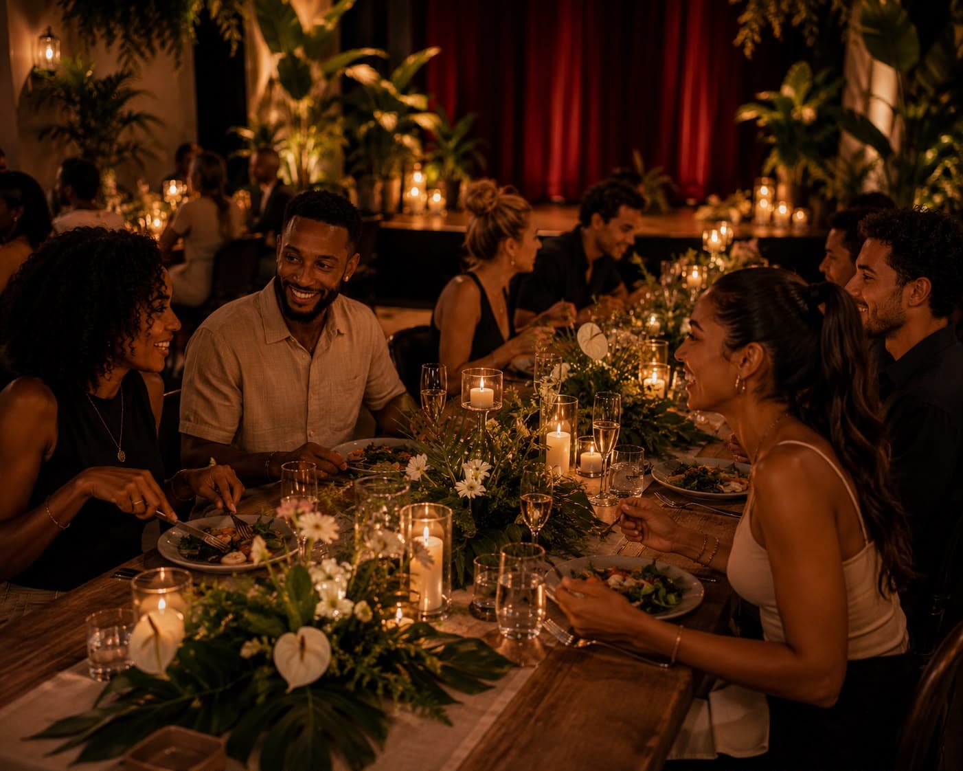 Guests laughing and sharing a candlelit dinner at a long communal table