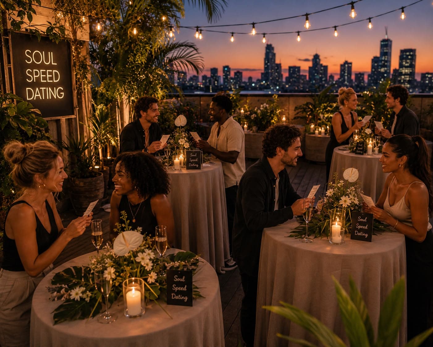 Guests connecting over Soul Speed Dating on a rooftop at sunset