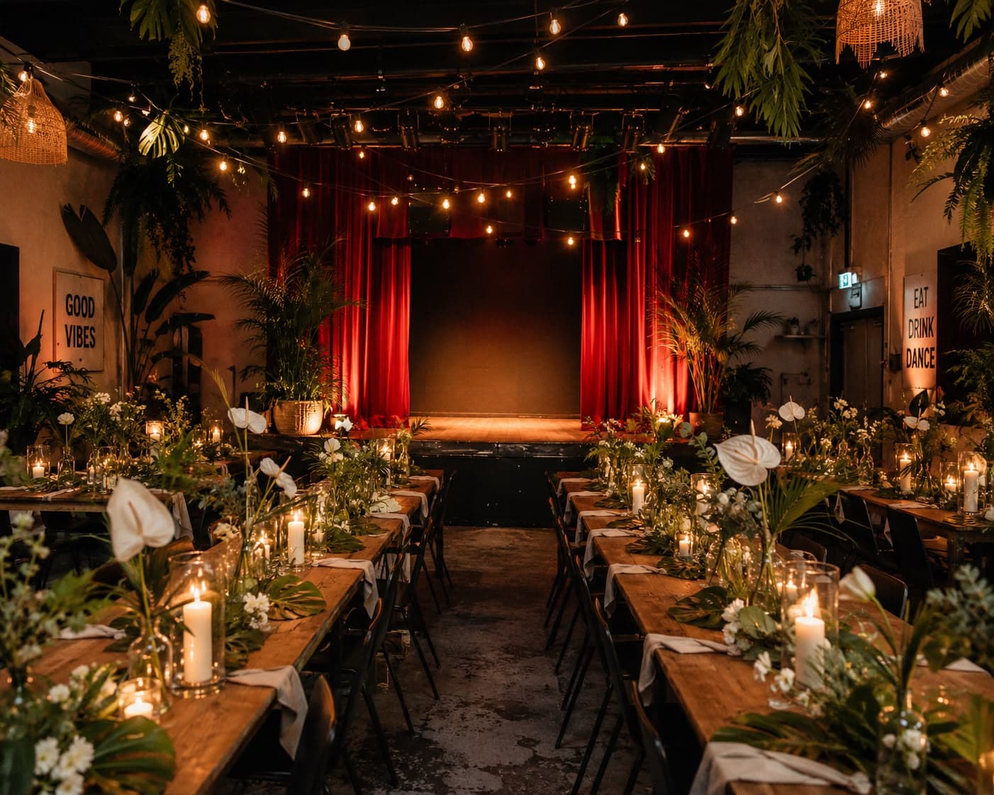 Beyond Norms venue set up with long candlelit tables and a red stage curtain